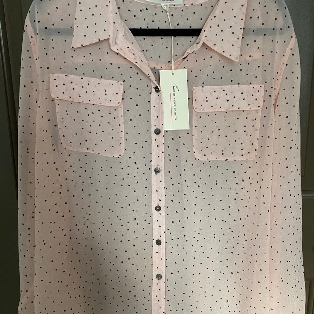 Vince Camuto sheer pink polka dot blouse, size XL